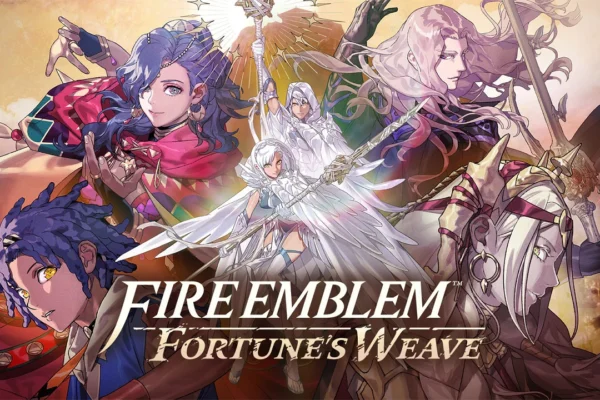 Arte promocional de Fire Emblem: Fortune's Weave con los personajes principales del juego sobre un fondo dorado épico.