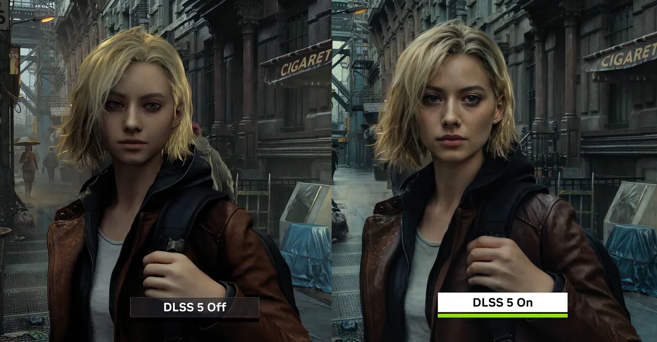 Comparison showing the visual enhancement of DLSS 5 technology on a character model, highlighting improved sharpness and photorealism in a rainy city setting.