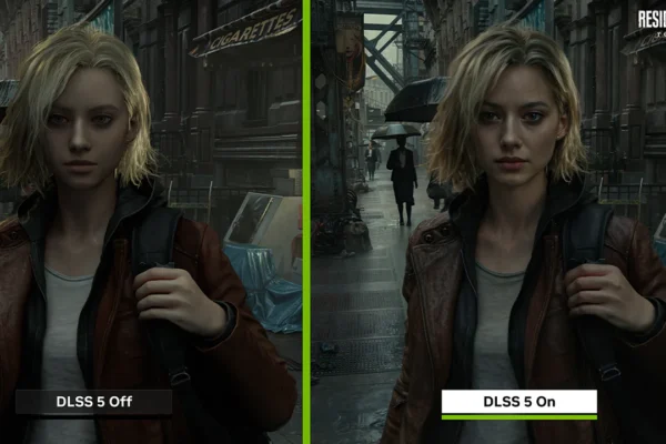 Comparativa de DLSS 5 en un entorno de Resident Evil, mostrando a una mujer rubia con chaqueta de cuero en una calle lluviosa; la imagen de la derecha con DLSS 5 activado presenta mayor nitidez y detalle en el personaje y el fondo que la izquierda sin DLSS 5.