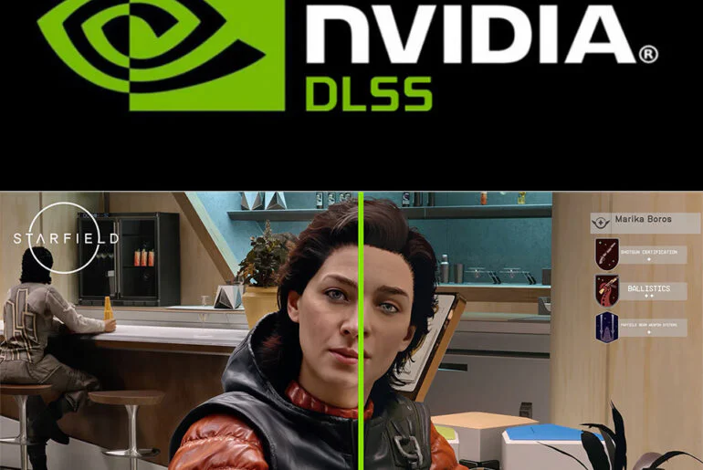 Una comparativa split-screen de Starfield, mostrando a una personaje femenina en un interior, con el logo de NVIDIA DLSS 5 en la parte superior. La línea verde central divide la imagen, ilustrando el potencial de mejora visual de DLSS 5 en el fotorrealismo de entornos y personajes.