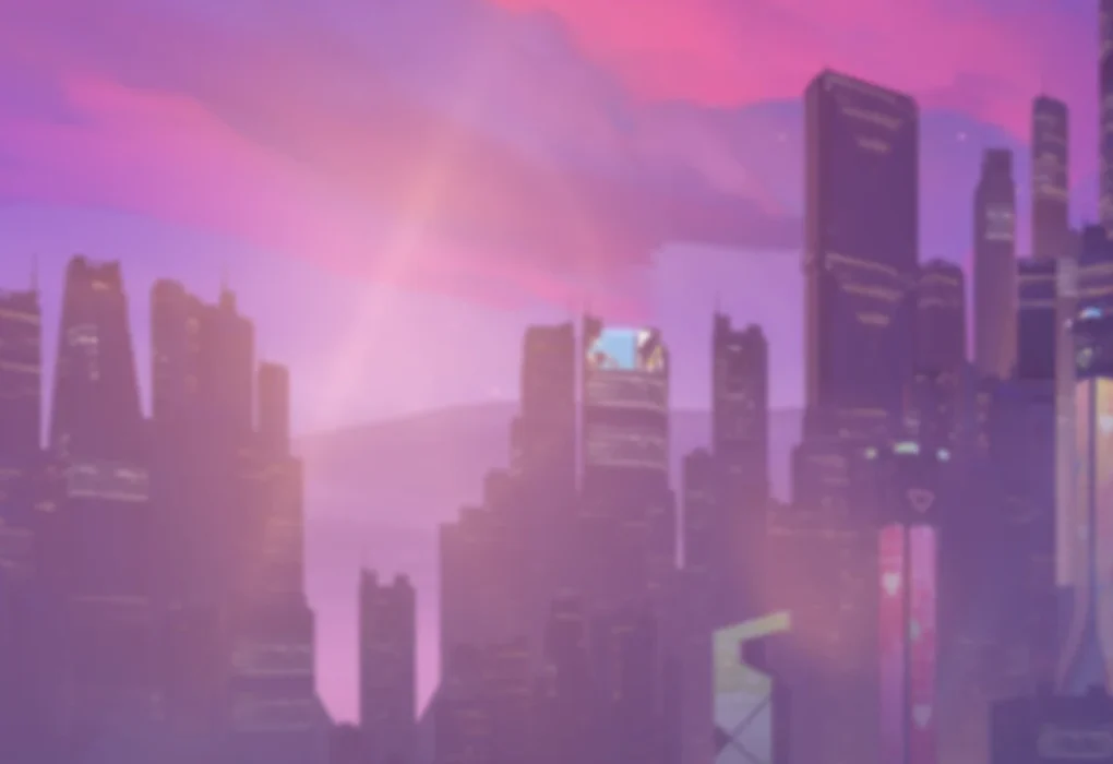 Panorámica de una metrópolis futurista al amanecer o atardecer, mostrando siluetas de rascacielos elevados contra un cielo vibrante de color rosa y púrpura, con un haz de luz brillante que atraviesa las nubes. Esta composición visual captura la esencia arquitectónica y atmosférica del universo de Overwatch 2.