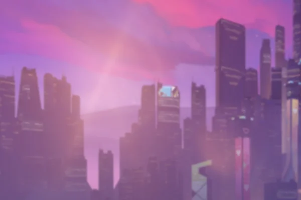 Panorámica de una metrópolis futurista al amanecer o atardecer, mostrando siluetas de rascacielos elevados contra un cielo vibrante de color rosa y púrpura, con un haz de luz brillante que atraviesa las nubes. Esta composición visual captura la esencia arquitectónica y atmosférica del universo de Overwatch 2.