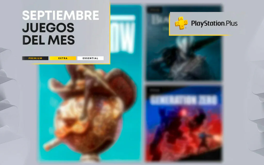 Anuncio promocional de la cartelera de juegos de PlayStation Plus para septiembre, detallando la disponibilidad de títulos en las categorías Essential, Extra y Premium.