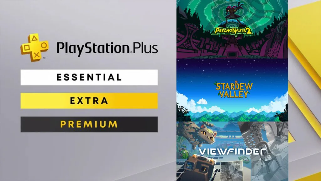 PlayStation Plus branding and logos displayed alongside promotional key art for games like Psychonauts 2, Stardew Valley, and Viewfinder.