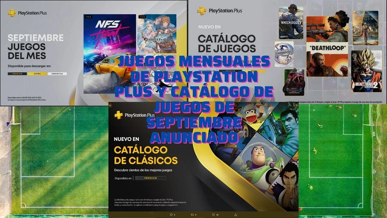 Collage of PlayStation Plus monthly games announcements showing catalogs for Extra, Premium, and classic titles for September.