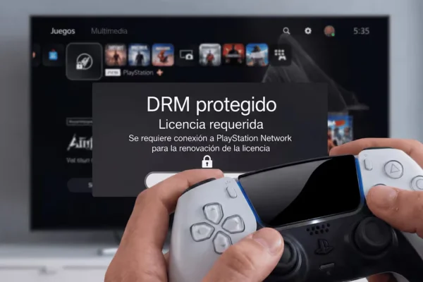 Mando de PlayStation 5 en primer plano mostrando un error de sistema por DRM y licencia requerida en la pantalla de la consola.