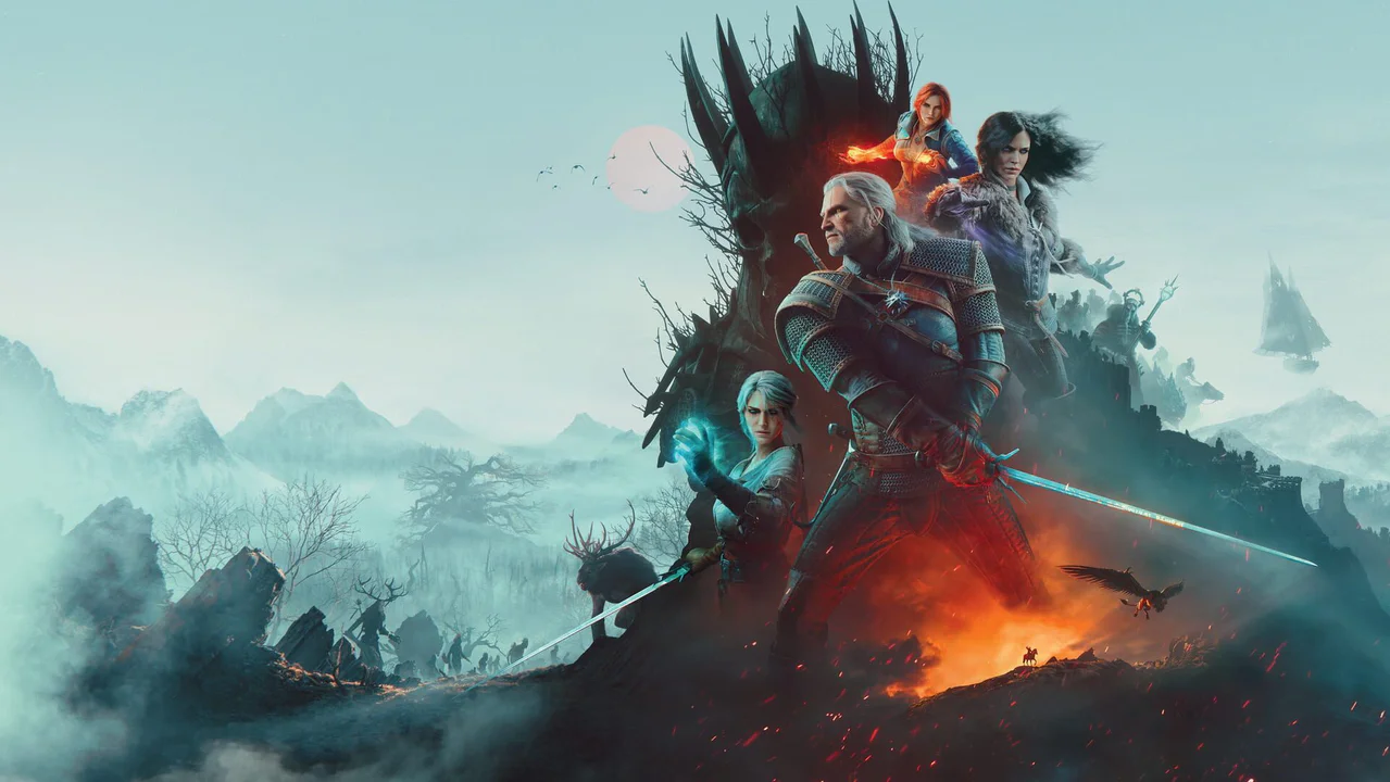 Arte promocional panorámico de The Witcher 3: Wild Hunt, mostrando a Geralt de Rivia con su espada desenvainada junto a Ciri, Yennefer y Triss Merigold, con un castillo oscuro y un paisaje montañoso brumoso de fondo. Esta imagen representa el juego cuya versión remasterizada está siendo criticada por su calidad gráfica.