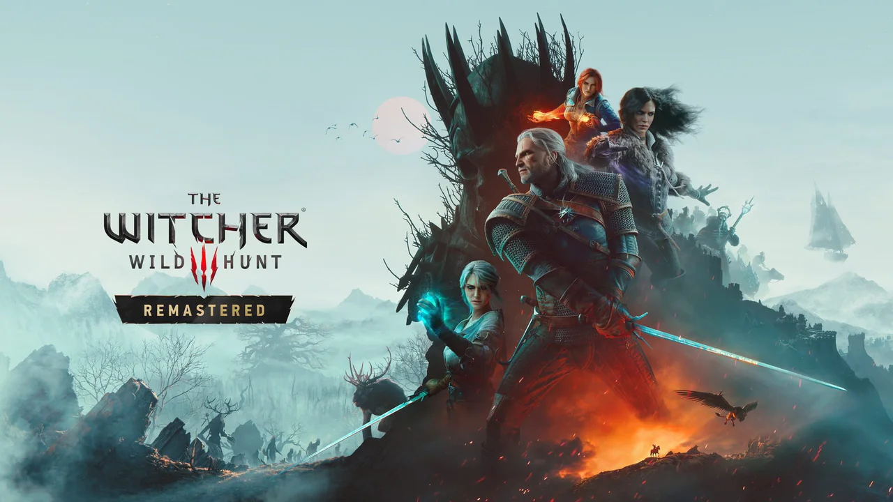 Arte promocional horizontal de The Witcher 3: Wild Hunt Remastered, donde Geralt de Rivia es el foco principal con su espada plateada desenvainada, acompañado por Ciri, Yennefer y Triss Merigold, todos con auras mágicas. La composición épica, con un castillo oscuro y montañas al fondo, y el título 'THE WITCHER WILD HUNT REMASTERED' visible, ilustra directamente el videojuego y su versión actualizada que genera debate sobre sus gráficos.