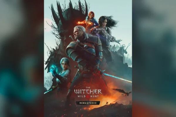 Arte promocional principal de The Witcher 3: Wild Hunt - Remastered, donde Geralt de Rivia se posiciona en el centro con sus espadas, flanqueado por Ciri, Yennefer y Triss Merigold, con un monstruo al fondo. La imagen destaca el título del juego con el subtítulo 'Remastered', ilustrando la versión objeto de la reciente polémica gráfica.