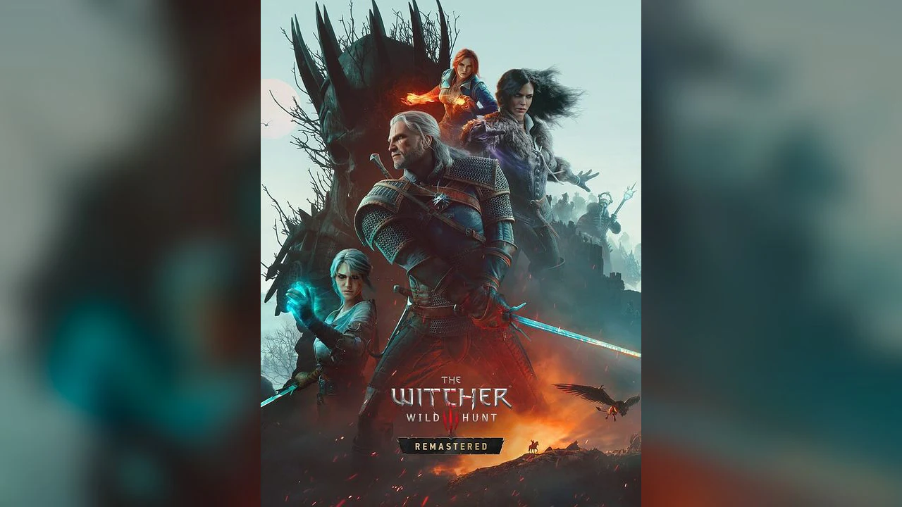 Arte promocional principal de The Witcher 3: Wild Hunt - Remastered, donde Geralt de Rivia se posiciona en el centro con sus espadas, flanqueado por Ciri, Yennefer y Triss Merigold, con un monstruo al fondo. La imagen destaca el título del juego con el subtítulo 'Remastered', ilustrando la versión objeto de la reciente polémica gráfica.