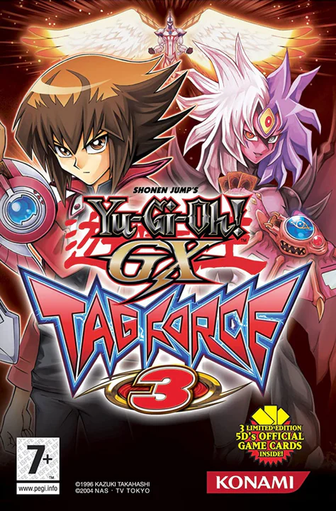 Arte de portada vertical de Yu-Gi-Oh! GX Tag Force 3, presentando a Jaden Yuki con su Duel Disk rojo y Yubel con cabello blanco y aura púrpura, ilustrando el legado de la serie Tag Force GX que inspira el próximo remake.