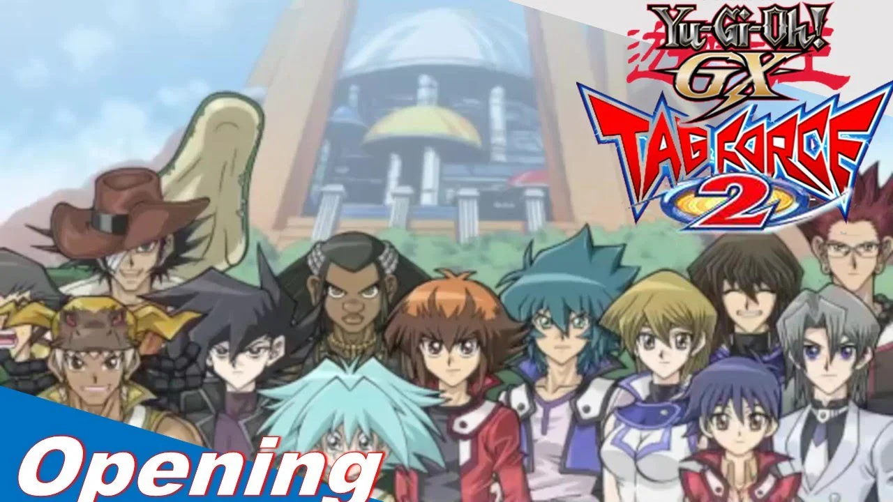 Los personajes principales de Yu-Gi-Oh! GX posan frente a la Academia de Duelos en el arte promocional de Tag Force 2 para ilustrar el regreso de la saga.