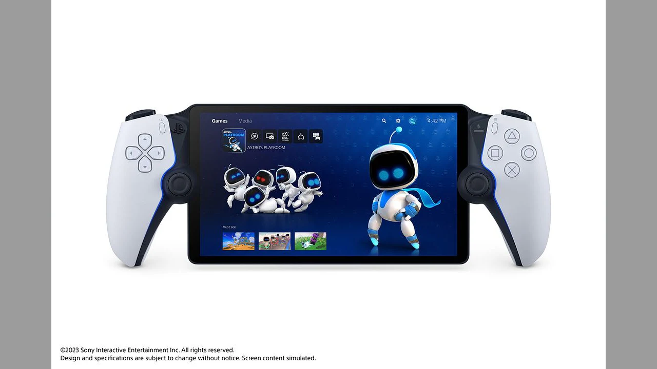 Dispositivo PlayStation Portal mostrando la interfaz de usuario y el juego Astro's Playroom, destacando el ecosistema digital de PlayStation Store.