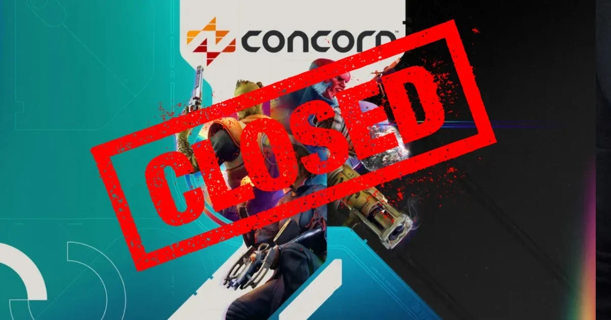 Arte promocional del videojuego 'Concord' con dos personajes futuristas armados bajo el logo del juego. Una prominente marca diagonal roja con la palabra 'CLOSED' se superpone en la imagen, simbolizando la cancelación del título.