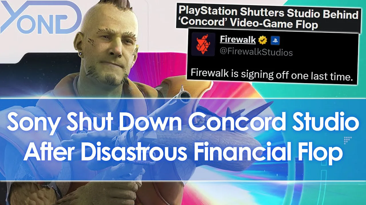 Imagen promocional del videojuego 'Concord' con un personaje masculino de barba y cresta mirando al frente, superpuesta con titulares sobre el cierre de Firewalk Studios y la cancelación del juego por parte de Sony tras su fracaso financiero.