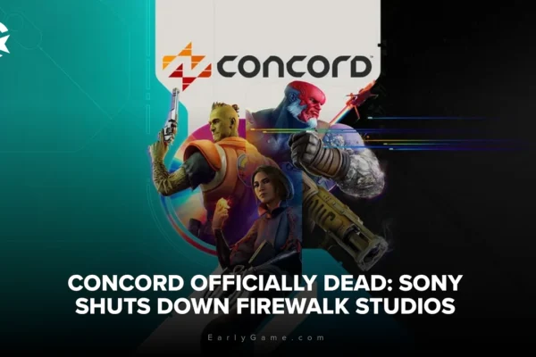 Arte promocional del videojuego Concord mostrando a sus personajes principales con el titular informando sobre el cierre de Firewalk Studios por parte de Sony.