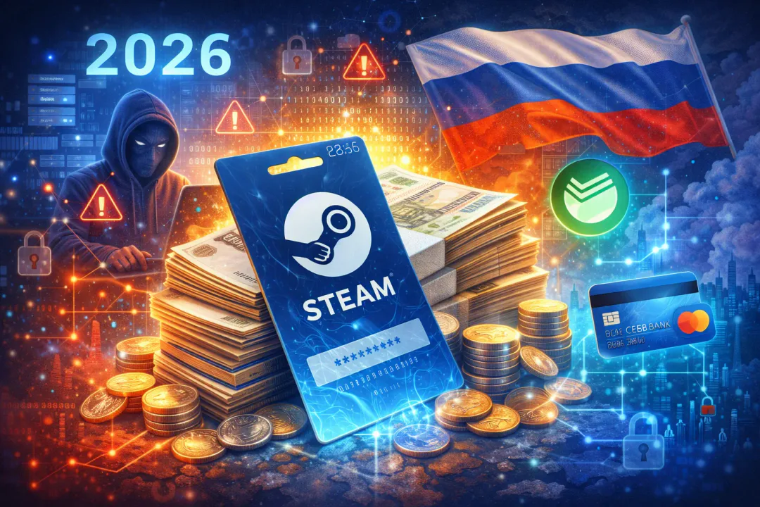 Tarjeta de Steam sobre billetes con hacker y bandera rusa, simbolizando el crecimiento de ingresos digitales y los desafíos de seguridad en 2026.