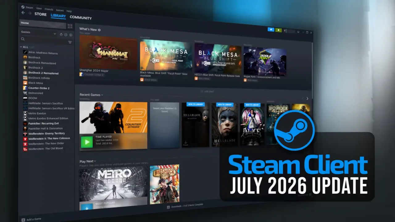 Interfaz de usuario de la biblioteca de Steam mostrando la actualización de julio de 2026, lo cual refuerza el contexto de crecimiento constante de la plataforma digital.