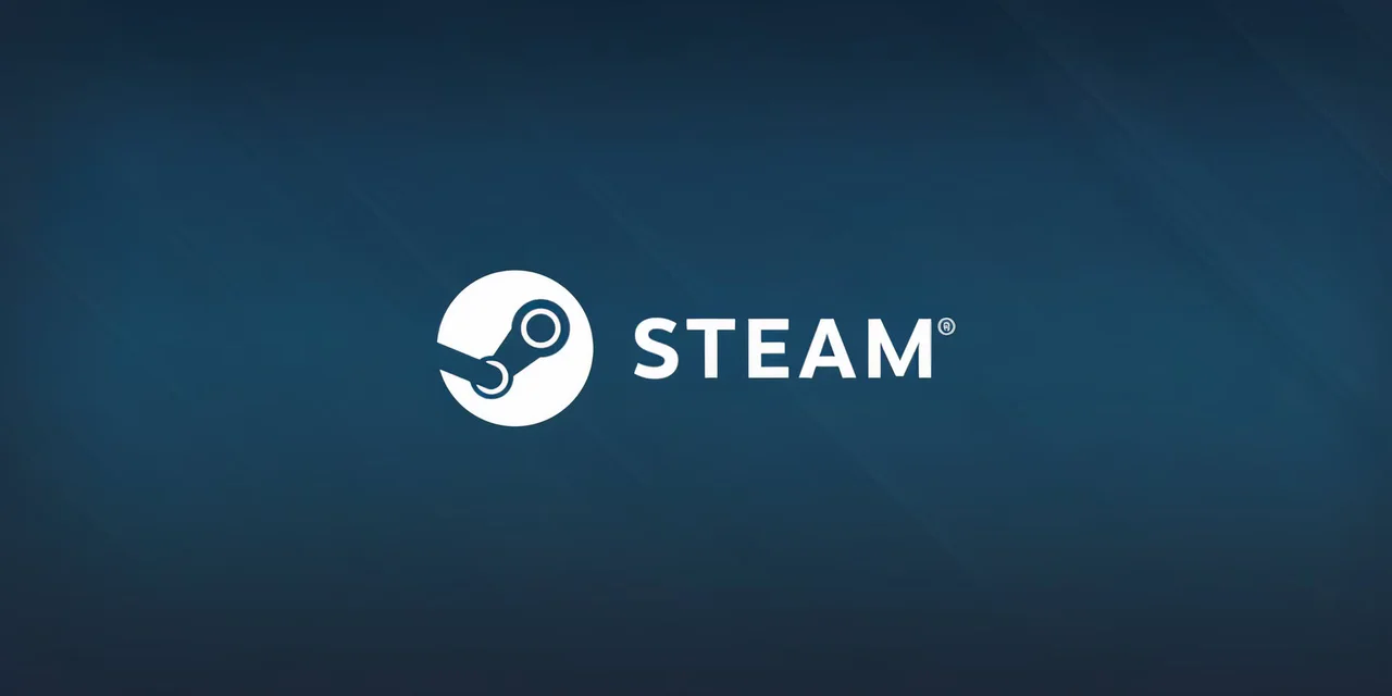 El logo oficial de Steam muestra un icono estilizado blanco de engranaje o llave dentro de un círculo blanco, junto a la palabra 'STEAM' en mayúsculas y el símbolo de marca registrada, todo sobre un fondo azul oscuro con un sutil degradado.