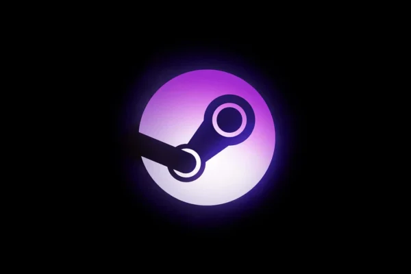 El logo oficial de Steam, un icono estilizado de engranaje o llave, resplandece con un degradado púrpura a blanco sobre un fondo oscuro, ilustrando la plataforma digital de videojuegos en el centro de la noticia sobre sus récords de ingresos.