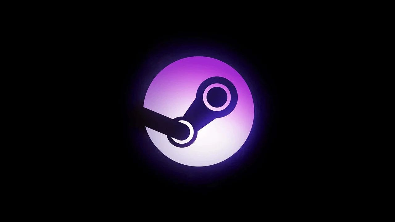 El logo oficial de Steam, un icono estilizado de engranaje o llave, resplandece con un degradado púrpura a blanco sobre un fondo oscuro, ilustrando la plataforma digital de videojuegos en el centro de la noticia sobre sus récords de ingresos.