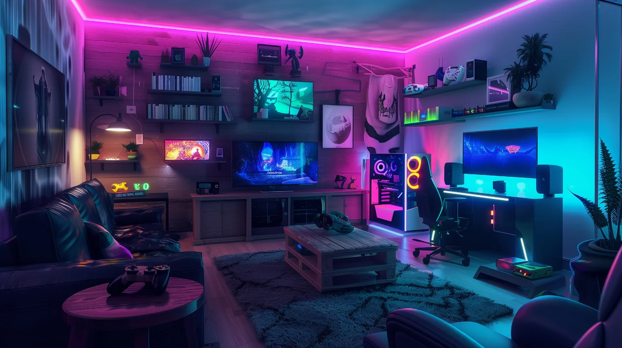 Habitación gaming con iluminación LED cian y púrpura que refleja el entorno donde los usuarios acceden a la plataforma Steam para jugar.