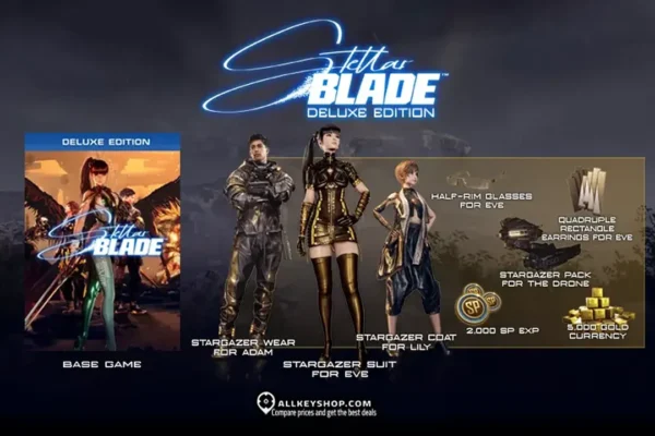 Arte promocional de Stellar Blade Deluxe Edition mostrando a la protagonista Eve con su espada, flanqueada por los personajes Adam y Lily, junto a los bonos de la edición como trajes Stargazer para Eve, Adam y Lily, gafas, pendientes, un pack para el dron, puntos de experiencia y oro.