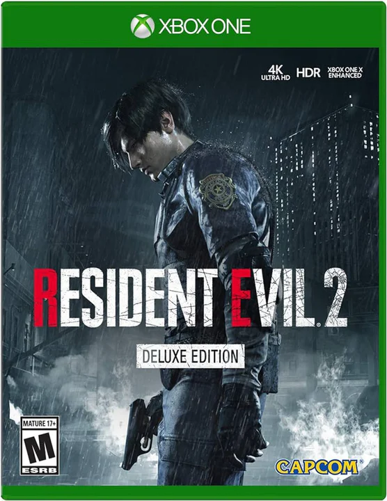 Portada oficial del videojuego Resident Evil 2 Deluxe Edition para Xbox One con Leon S. Kennedy como protagonista.
