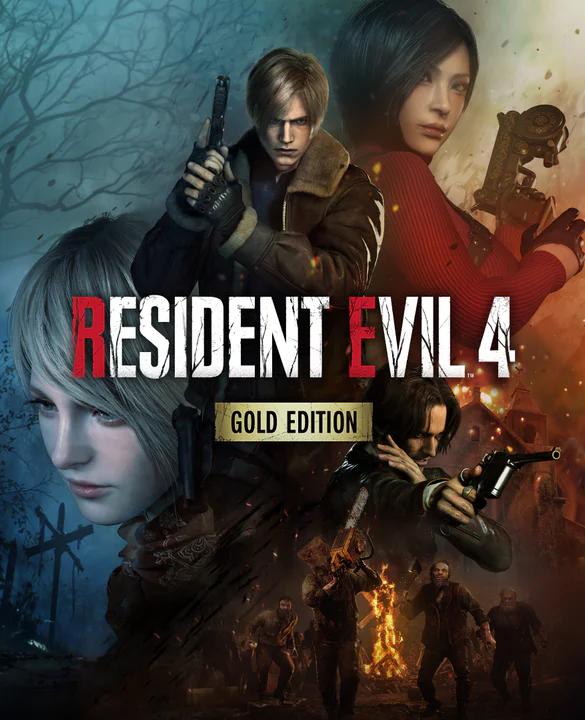 Arte promocional de Resident Evil 4 Gold Edition mostrando a Leon S. Kennedy empuñando un arma y a Ada Wong de perfil, con un fondo oscuro y varias figuras de enemigos, destacando la atmósfera de terror y acción que llegará a Nintendo Switch 2.