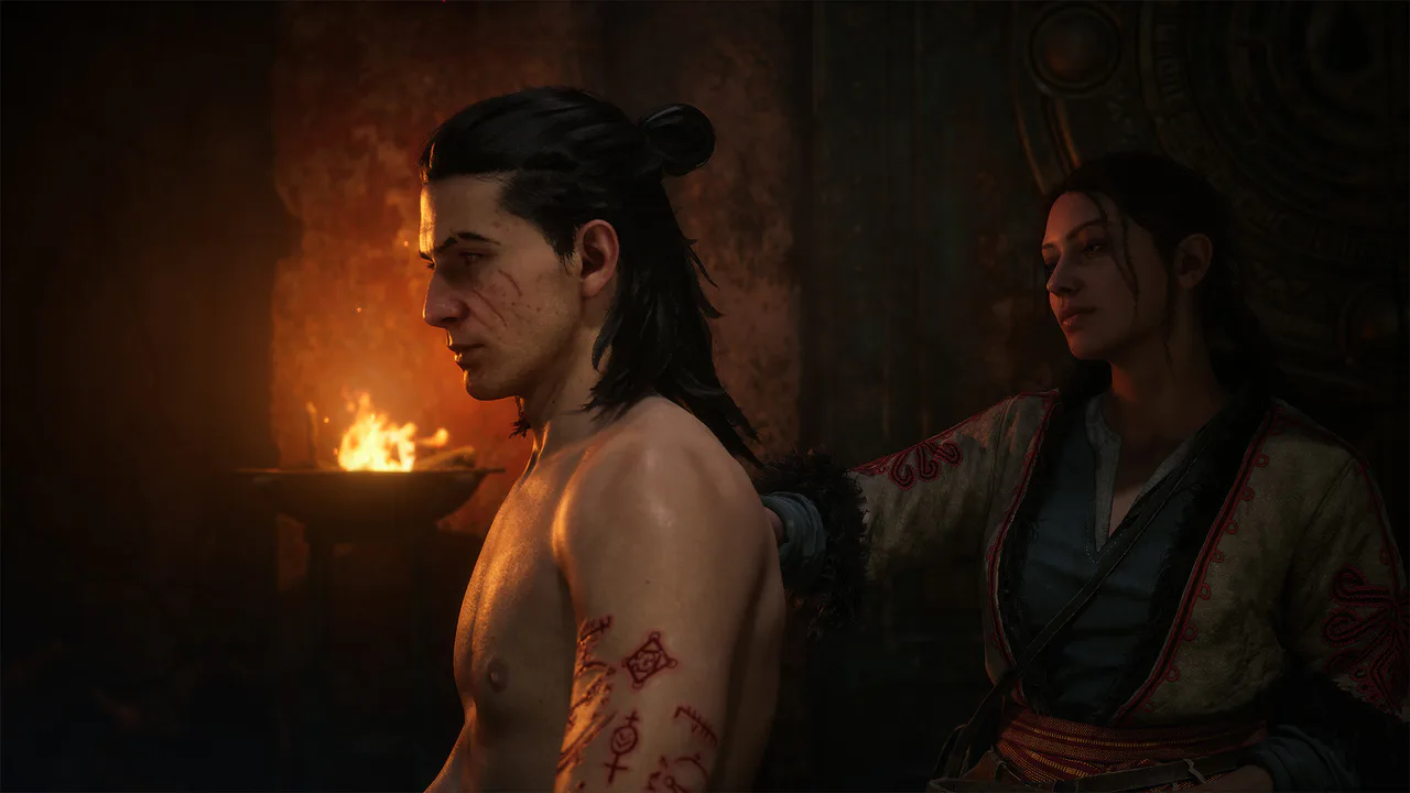 Cinemática de The Blood of Dawnwalker con el protagonista mostrando marcas en su brazo junto a una aliada en un interior oscuro.