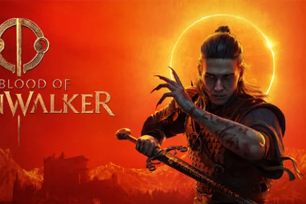 Portada oficial de The Blood of Dawnwalker mostrando al protagonista con una espada y un eclipse solar de fondo.