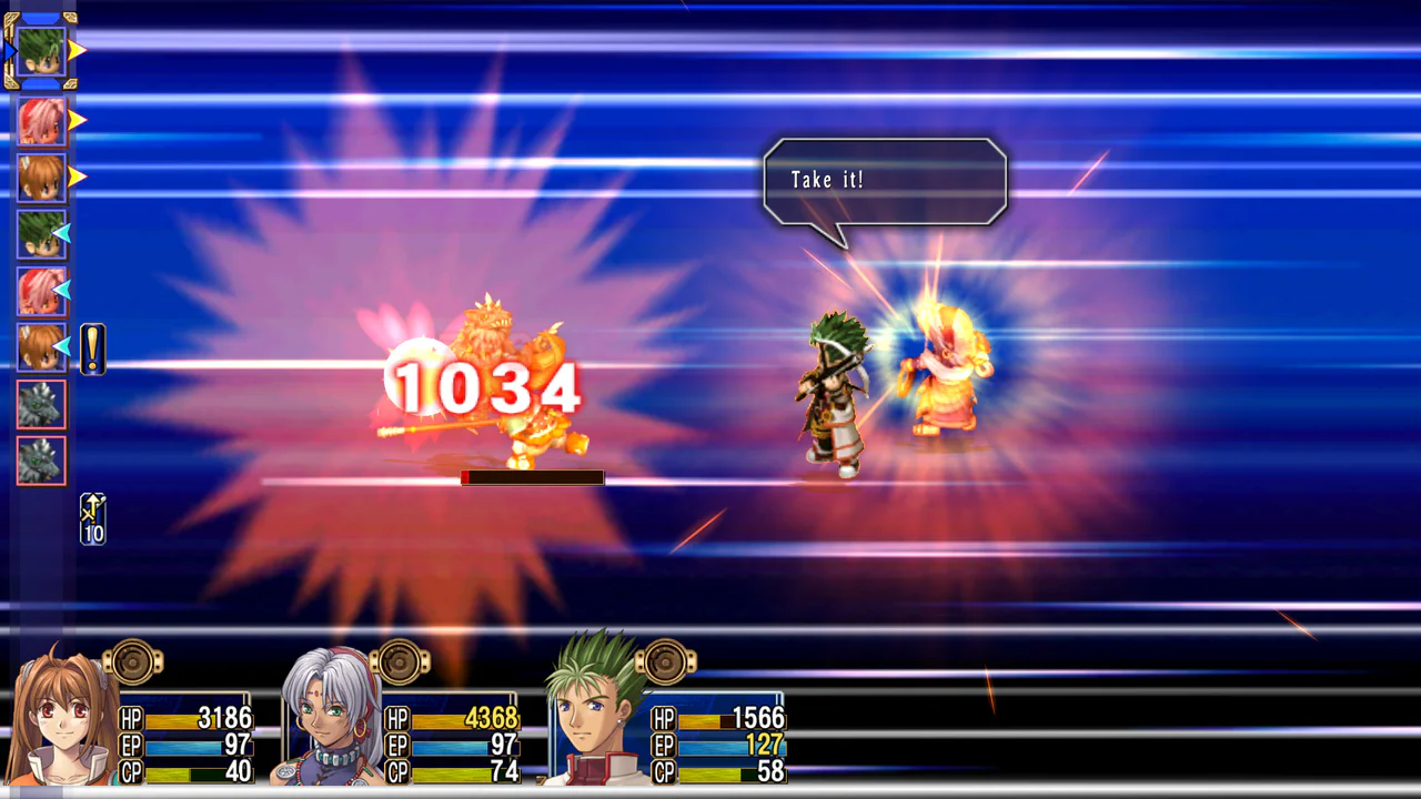 Una captura de pantalla de combate de The Legend of Heroes: Trails in the Sky SC, mostrando dos personajes aliados atacando a un gran enemigo dorado, con un efecto de daño de 1034 y un texto 'Take it!'. La interfaz de usuario del juego con retratos de personajes y barras de vida se ve en la parte inferior.