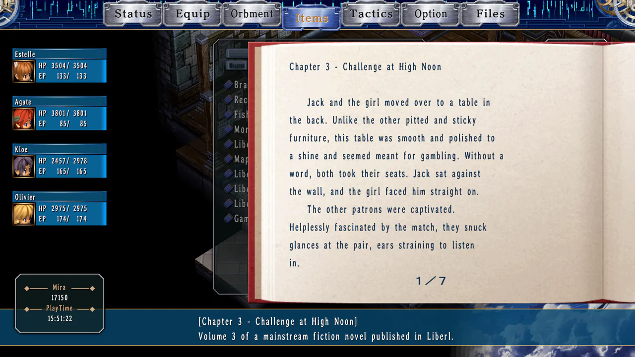 Interfaz de usuario de The Legend of Heroes: Trails in the Sky SC mostrando el menú de objetos con la lectura de un libro de ficción dentro del juego.