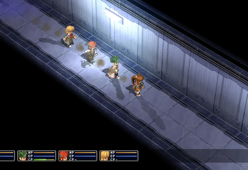 Gameplay capture of a party of four characters traversing a metallic corridor in The Legend of Heroes: Trails in the Sky SC.