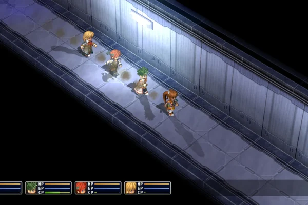 Gameplay capture of a party of four characters traversing a metallic corridor in The Legend of Heroes: Trails in the Sky SC.