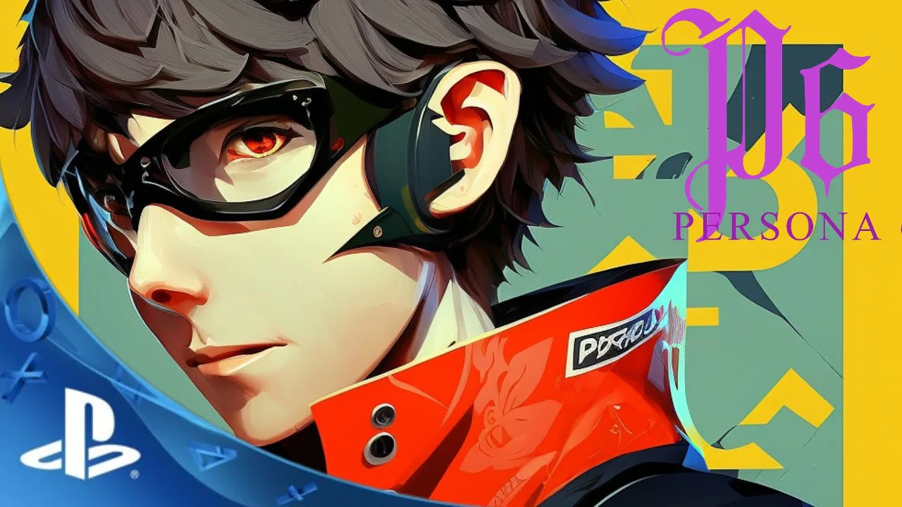 Retrato del protagonista de Persona 6 en una ilustración promocional estilo anime con un fondo amarillo llamativo y el logo de PlayStation.