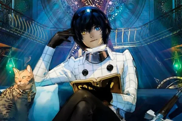 Protagonista de Persona 6 sentado en un sofá junto a un gato en un entorno de estilo palaciego, imagen promocional del anuncio oficial.