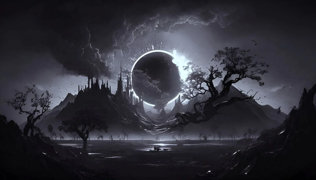 Paisaje atmosférico inspirado en el estilo gótico de Bloodborne, con una ciudad antigua bajo la sombra de un eclipse solar que evoca la estética sombría del nuevo proyecto cinematográfico.