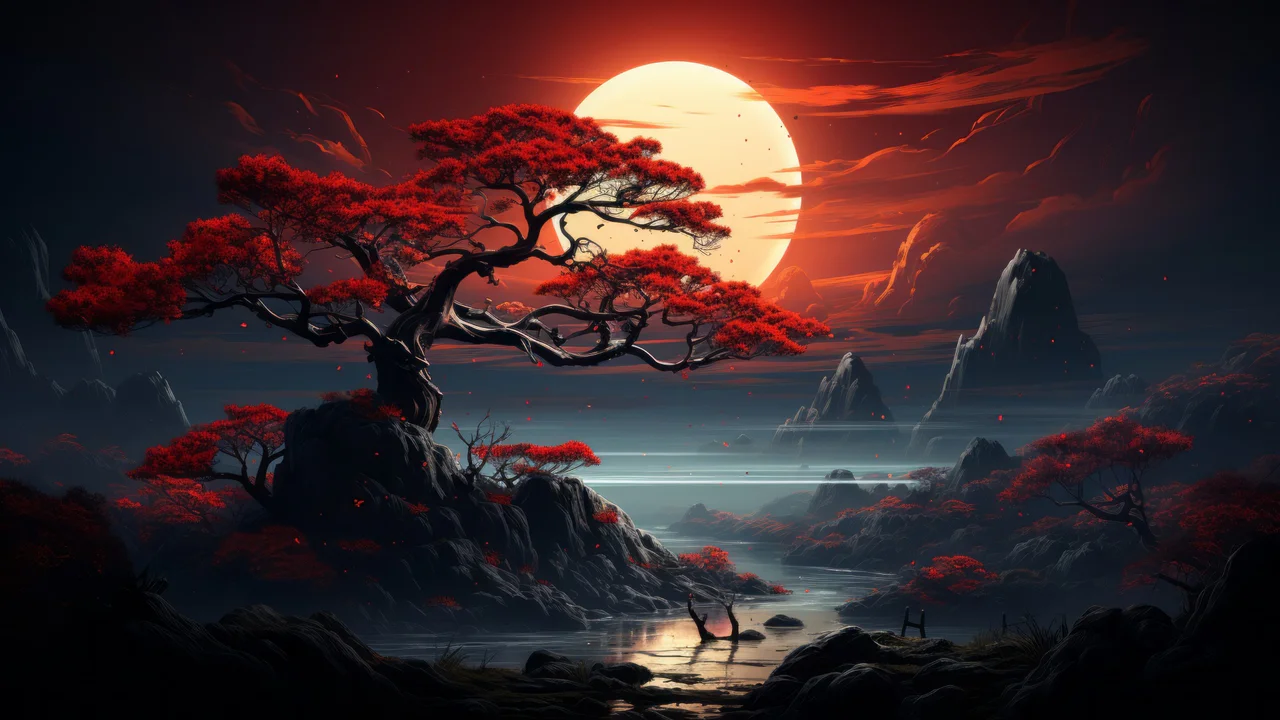 Paisaje atmosférico con árboles de hojas rojas y una luna sangrienta, evocando la estética oscura y gótica del universo de Bloodborne.