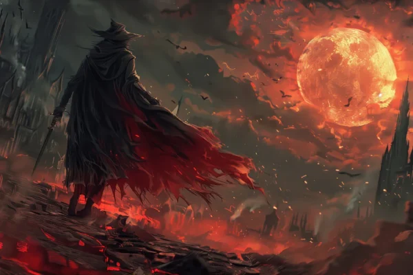 Cazador contemplando una ciudad gótica bajo una luna roja, ilustrando la atmósfera oscura del nuevo proyecto de Bloodborne.