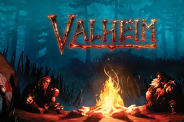 Arte promocional principal de Valheim mostrando a dos personajes vikingos descansando junto a una fogata en un bosque nórdico oscuro bajo el logotipo del juego.
