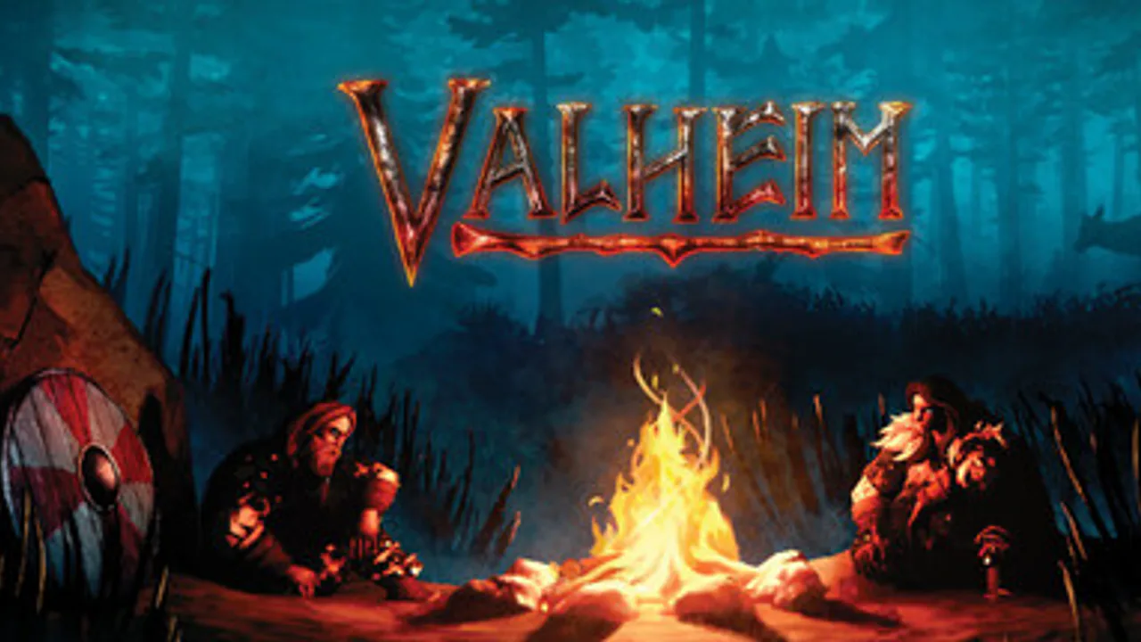 Arte promocional principal de Valheim mostrando a dos personajes vikingos descansando junto a una fogata en un bosque nórdico oscuro bajo el logotipo del juego.