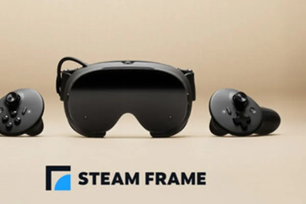 El visor de realidad virtual Steam Frame junto a sus dos mandos sobre un fondo minimalista, ilustrando el esperado lanzamiento de hardware de Valve.