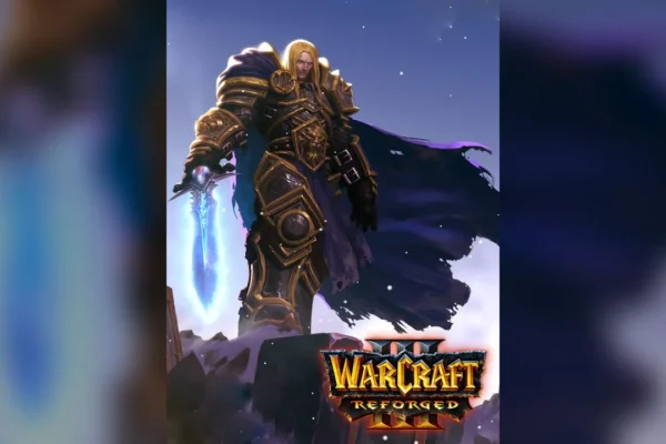 Arthas Menethil portando la espada Frostmourne en el arte promocional oficial de Warcraft III: Reforged.