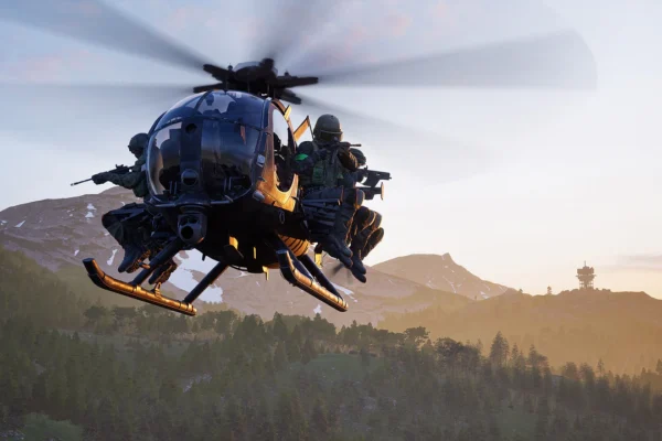 Helicóptero de combate desplegando tropas en una operación aérea sobre terreno montañoso en Wardogs.