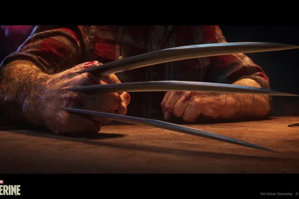 Un primer plano detallado de las manos velludas y ensangrentadas de Wolverine, con sus icónicas garras de adamantium extendidas, mientras se apoyan en una mesa de madera. El personaje viste una camisa de cuadros roja manchada de sangre, en un ambiente oscuro que enfatiza la brutalidad de Logan en el videojuego Marvel's Wolverine.