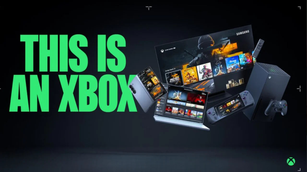 Imagen promocional 'This is an Xbox' mostrando múltiples dispositivos como consolas, mandos y pantallas que acceden al ecosistema de juego de Microsoft.