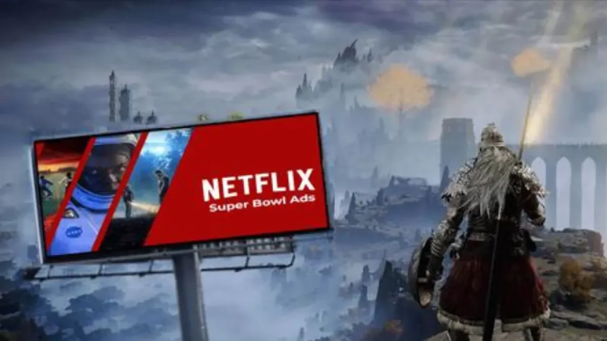Un guerrero con armadura y cabello blanco, que recuerda a un personaje de Elden Ring, se sitúa sobre un acantilado y mira hacia un enorme cartel publicitario de Netflix en medio de un paisaje de fantasía. El cartel de Netflix, con el texto 'Super Bowl Ads', representa la integración de anuncios en los mundos de los videojuegos, ilustrando la patente de Xbox sobre publicidad en juegos.