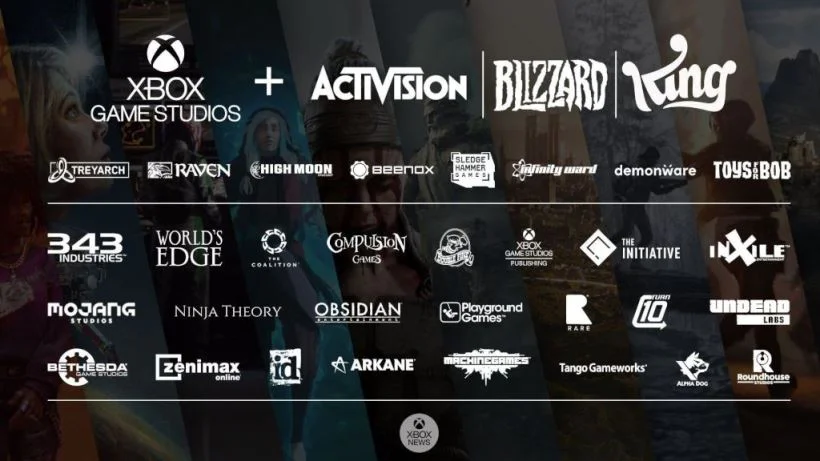Collage de logotipos de los estudios de Xbox, Activision, Blizzard y King, incluyendo 343 Industries, Treyarch e Infinity Ward. La imagen ilustra la amplitud de los estudios de Microsoft Gaming, tema central de la reestructuración.