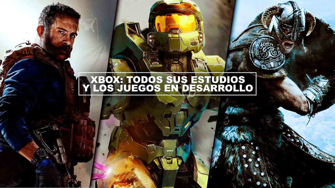 Collage promocional de Xbox que presenta al Jefe Maestro de Halo flanqueado por personajes de Call of Duty y Skyrim, representando la cartera de estudios de Microsoft.